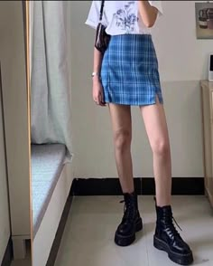 Plaid Miniskirt Outfits, Blue Plaid Trousers Outfit, Plaid Blue Skirt Outfit, Outfits With Checkered Skirt, Blue Plaid Mini Skirt Outfit, Light Blue Plaid Skirt Outfit, Blue Gingham Skirt Outfit, Dark Blue Skirt Outfit Ideas, Blue Shorts Aesthetic