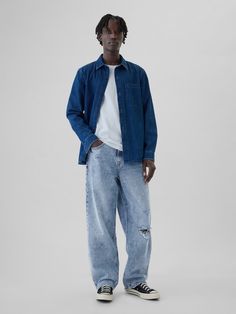 Fit: Extra roomy through the hip & thigh.  Made with a baggy, slightly tapered leg that stacks at your shoes.  Fabric: 13 oz 369 g) rigid denim.  Stretch: No Stretch.  Authentic rigid denim that gets better with every wear.  Made to wear all day & break in over time.  Look: A classic five-pocket jean in a light wash.  Details: Zip fly, five-pocket styling, & distressed details.  Responsibly Made: This pair of jeans is part of our water-saving Washwell program.  Compared with conventional wash me Cheap Men's Jeans With Zip Fly, Cheap Medium Wash Pants For Men, Affordable 90s Men's Bottoms, Cheap High Rise Jeans For Men, 2022 Jeans Trends Men, Cheap Casual Men's Bottoms, Cheap Trendy Men's Jeans, Cheap Urban Men's Jeans, Affordable Light Wash Jeans For Streetwear