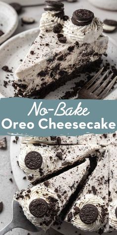 no - bake oreo cheesecake on a plate with a fork and chocolate chips