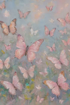 a painting of pink butterflies flying in the sky