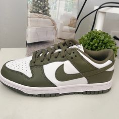 Brand New Women Size 6.5 Men Size 5 Nike Sneakers With Branded Heel Counter And Round Toe, Nike Custom Sneakers With Cushioned Footbed And White Sole, Nike Dunk Low Olive, Nike Dunk Low Medium Olive, Athletic Shoes Nike, Dunks Nike, Nike Green, New Green, Trendy Sneakers