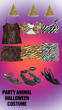 an animal print halloween costume is shown with shoes and scarves on the bottom half