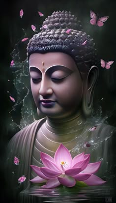 buddha statue with pink flower and butterflies around it