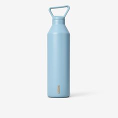 thermos bottle in light blue is shown against a white background and has an open lid