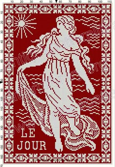 a cross stitch pattern with an image of a woman in red and white on it