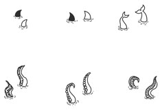 an image of different types of animals in the same line on white paper with black ink