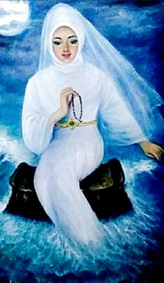 a painting of a woman in white sitting on the water with her hands clasped to her chest