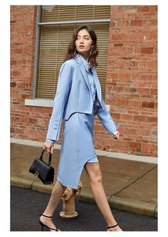 Skirt Suit + Jacket Short Mini Skirt Fashion Two - Piece Sets light blue suit - Hemi Light Blue Suit, Mini Skirt Fashion, Short Mini Skirt, Blue Office, Button Pants, Office Clothes, Editorial Shoot, Button Skirt, Blue Suit