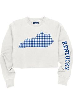 Make your way to the big game in this KentuckyWomens White Plaid State Shape Crew Sweatshirt! This Kentucky Long Sleeve Sweatshirt features a screen print graphic. Stay warm and comfortable with this Womens Kentucky Local Stuff Shop Kentucky Crew Sweatshirt. Dual blend fabrication, Raw edge hemline, Neckline binding, Sleeve cuffs, Softhand, 55% POLYESTER / 45% COTTON, 4 Collegiate White Top For Fall, White Tops With Team Spirit For Fall, White Tops For Fall With Team Spirit Style, White Long Sleeve Tops For Fan Gear, Kentucky Sweatshirt, Sweatshirt White, Jacksonville Jaguars, Alabama Crimson, Alabama Crimson Tide