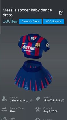 an image of a soccer jersey on the app store page, with text below it that reads messi's soccer baby dance dress ugg item creator's store