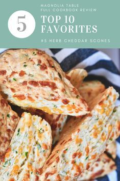 cheesy flatbreads stacked on top of each other with text overlay that reads 5 popular cookbook review top 10 favorites