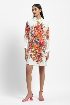 Ivory linen dress featuring vibrant floral prints and a collared neck, Fit: Relaxed Elegant Linen Dress With Floral Print, Elegant Floral Linen Dress, White Linen Floral Print Dress, White Linen Dress With Floral Print, Off White Floral Print Day Dresses, Flower People, Satya Paul, Neck Flower, Ivory Dresses