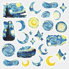 the starry night with stars and moon stickers on white paper, including an image of