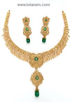 22 Karat Gold Necklace & Drop Earrings Set with Uncut Diamonds & Emerald
   - 235-DS386 - in 61.050 Grams for USD $7174.04. 
Made in India by Totaram Jewelers Online this product is in Gold - 22 Karat BIS Hallmark 916 KDM Gold  & is an excellent gift for Adult - Women. Ships fully insured with secured guaranteed delivery for free with your order over $250 from New Jersey USA & comes with 30 days exchange policy. Gold Emerald Necklace For Reception, Gold Emerald Necklace For Formal Festivals, Formal Gold Emerald Necklace For Festivals, Gold Emerald Necklace With Intricate Design For Reception, Traditional Gold Emerald Necklace For Reception, Elegant 22k Gold Emerald Necklace, Festive Gold Emerald Necklace For Reception, Gold Temple Jewelry Style Emerald Necklace For Reception, Gold Emerald Necklace For Reception In Temple Jewelry Style