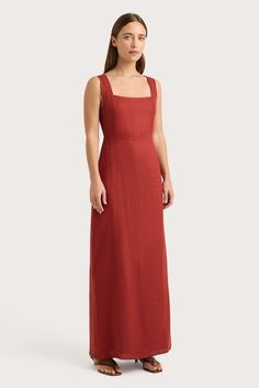 A classic sleeveless midi dress with a square neckline and wide straps. It has a semi-structured bodice that is lightly fitted, before falling into a relaxed A-line skirt that crops mid-length below the knees. Designed from a signature 100% European Flax® linen fabrication in a rich red colourway, it is also fully lined so will hold shape. Timeless in appeal and versatile in styling, wear both on vacation and in the everyday. This style is true to size. Please note there is no elastic woven into Bridesmaid Inspiration, Sleeveless Midi Dress, Faithfull The Brand, Swim Accessories, Midi Dress Sleeveless, Top Sales, Wide Straps, On Vacation, A Line Skirt