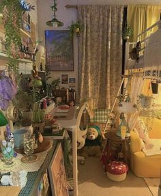 a room filled with lots of clutter and plants on top of it's shelves