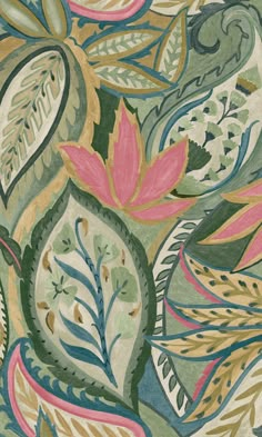 an artisticly designed rug with leaves and flowers on it's surface, in shades of green, pink, yellow and blue