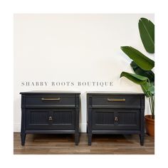 two black nightstands side by side against a white wall