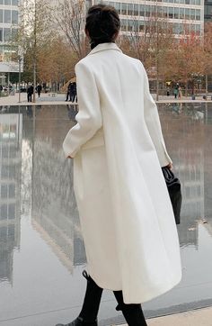 Classic White Long Wool Coat, White Long Sleeve Pea Coat For Work, White Wool Outerwear For Office, White Wool Outerwear With Notch Lapel, White Long Wool Coat For Formal Occasions, White Long Wool Coat For Work, White Wool Coat For Spring Workwear, White Wool Long Coat, White Wool Coat With Lapel Collar For Fall