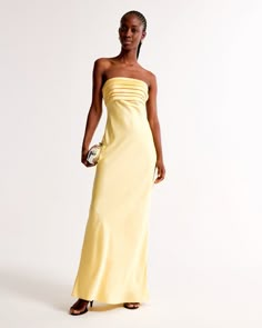 Women's The A&F Emerson Strapless Slim Maxi Dress | Women's Dresses & Jumpsuits | Abercrombie.com Prom Yellow, Yellow Bridesmaid Dresses Long, Yellow Strapless Prom Dress, Yellow Silk Bridesmaid Dresses, Yellow Fitted Maxi Dress For Prom, Yellow Prom Dresses Long, Yellow Strapless Casual Maxi Dress, Yellow Satin Prom Dress, Yellow Floor-length Maxi Dress For Prom