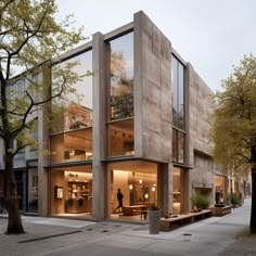 a large building with many windows and people walking on the sidewalk