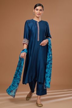 Blue chanderi silk kurta with placed bead embroidery. Comes with matching pant and tie-dye pattern dupatta. - Aza Fashions Blue Cotton Silk Dupatta With Dabka Work, Unstitched Blue Tissue Silk Kurta, Blue Slub Silk Salwar Kameez With Dupatta, Blue Slub Silk Traditional Wear For Festive Occasions, Blue Cotton Silk Dupatta For Transitional Season, Festive Blue Slub Silk Traditional Wear, Transitional Blue Cotton Silk Dupatta, Blue Cotton Silk Churidar With Dabka Work, Silk Kurta With Resham Embroidery In Blue