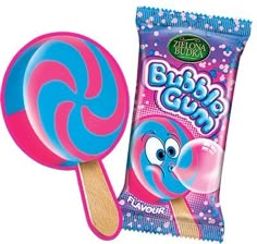 a pink and blue lollipop is next to it's own candy bar