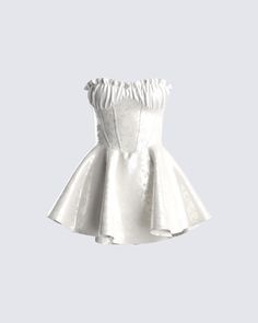 No manifesting needed -- this strapless, white mini dress will get you everything you desire 🤍 Made with satin jacquard and completed with a ruffle neckline, underwire inserts, and bodice boning - you'll look like you came straight out of a fairytale 👑 White Flare Dress, Fuzzy Skirt, High Waisted Black Skirt, White Corset Dress, Floral Lace Skirt, Red Mini Skirt, Dress Gloves, Dr Closet, Halter Mini Dress