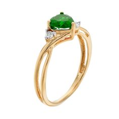 A heart-shaped simulated emerald gemstone serves as the focal point to this beautiful ring, while shimmering diamond accents add eye-catching style.RING DETAILSWidth: 6.5 mmMetal: 10k goldPackaging: boxedSTONE DETAILSStone type: simulated emeraldTotal weight: 5/8 ct.Center stone size: 6 mmShape: heartSetting: prongDIAMOND DETAILSTotal weight: less than 1/10 ct.Shape: single cutSetting: illusionGemstones may have been treated to enhance their appearance. Special care may be required. Please visit Elegant Heart Ring With May Birthstone Gemstone, Elegant May Birthstone Heart Ring With Gemstone, Fine Jewelry Green Heart Ring For May Birthstone, Green Heart Ring For May Birthstone, Fine Jewelry Style, Elegant Heart Cut May Birthstone Ring, Green Heart Ring For May Birthstone, Elegant May Birthstone Heart Cut Ring, Elegant Green Heart Promise Ring, Elegant Heart Shaped Emerald Ring For May Birthstone