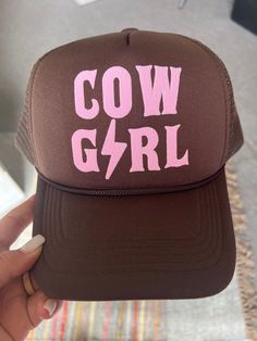 Cute Cowgirl lightening bolt brown foam trucker hat.  Sure to be your go to for any summertime events!! Brown Foam Trucker Hat adjustable snap back  Pink Puff Cowgirl Western Style Brown Trucker Hat For Outdoor, Brown Trucker Baseball Cap With Letter Print, Casual Brown Trucker Hat For Rodeo, Adjustable Brown Trucker Hat For Rodeo, Adjustable Brown Trucker Hat With Letter Print, Brown Adjustable Trucker Hat With Letter Print, Brown Snapback Baseball Cap For Summer, Brown Country Style Trucker Hat With Short Brim, Country Style Brown Trucker Hat With Short Brim