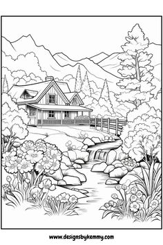 a house in the woods with mountains and trees around it coloring page for adults, kids