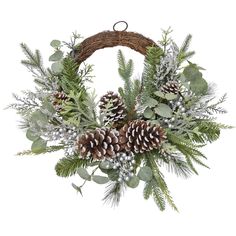 a wreath with pine cones and greenery