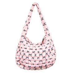 Meet your new must-have: the Black & Pink Mini Coquette Bows Wholesale Oversized Puffer Tote Bag! This tote is seriously next level, it's not just your average carry-all. Imagine a pink puffer quilted style tote adorned with adorable mini black bows, giving off all the vibes you need to slay the day. And guess what? This style isn't just trending, it's a go-to for big brands and cool girls everywhere. Why wait to get your hands on this gem? With Coquette Bow items blowing up on social media, esp Luxury Pink Bag For Errands, Luxury Pink Elegant Hobo Bag, Trendy Pink Hobo Bag For Shopping, Casual Pink Hobo Bag With Removable Pouch, Pink Large Capacity Hobo Tote Bag, Large Capacity Pink Hobo Tote Bag, Casual Pink Large Capacity Hobo Bag, Casual Large Capacity Pink Hobo Bag, Pink Tote Shoulder Bag For Weekend