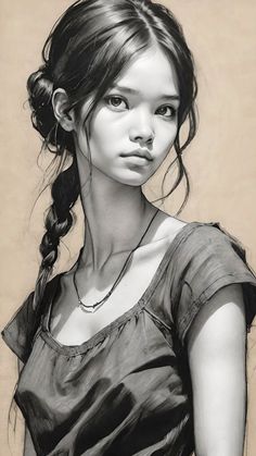 a black and white drawing of a girl with braids in her hair, wearing a dress