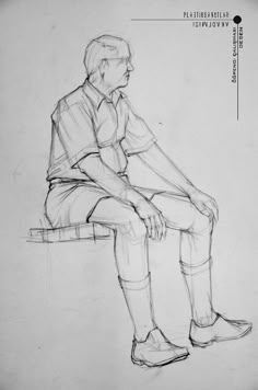 a drawing of a man sitting on a bench with his legs crossed and feet crossed