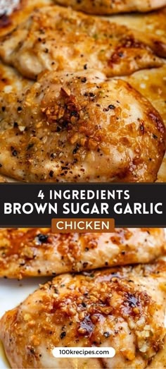 four ingredient brown sugar garlic chicken on a white plate with text overlay that reads, 4 ingredients brown sugar garlic chicken