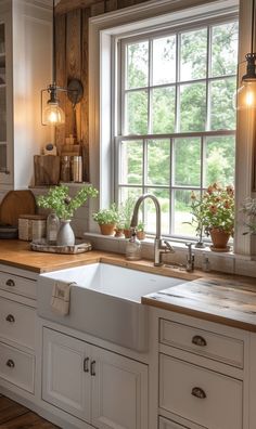 a kitchen with white cabinets and wooden counter tops next to a window that has potted plants on the windowsill