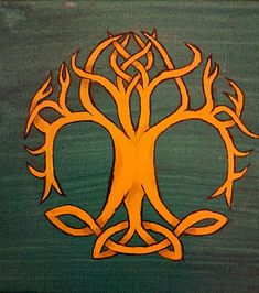 an orange tree is painted on a green background