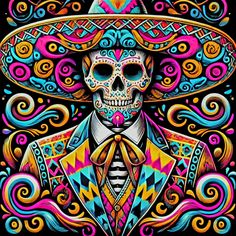 a mexican skull wearing a sombrero and holding a drink in his hand with colorful swirls