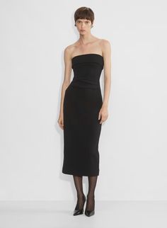 EYECATCHER DRESS | Aritzia Strapless Elastane Midi Dress, Elastane Midi Dress With Straight Neckline For Night Out, Stretch Strapless Knee-length Cocktail Dress, Chic Bandeau Bodycon Dress, Sleek Elastane Dress With Straight Neckline, Fitted Bandeau Cocktail Dresses, Strapless Bodycon Bandage Dress For Formal Events, Sleek Strapless Bodycon Dress For Formal Occasions, Cocktail Bodycon Bandeau Dress