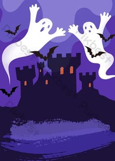 two ghost flying over a castle with bats