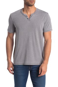 Slightly faded and worn, this short sleeve henley completes a casual outfit with a vintage style. Fit: this style fits true to size. Split neck. Short sleeves. Partial front placket. Slips on over head. Vintage wash. Solid color. Knit construction. Approx. 27.5" length (size M). Imported Cotton Henley T-shirt With Buttons, Cotton Henley Neckline T-shirt With Buttons, Henley Neckline T-shirt With Button Closure, Gray Cotton Henley Neckline Top, Short Sleeve Cotton Henley With Buttons, Mens Casual Shirts, Shirts For Summer, Short Sleeve Henley, Mens Casual Outfits Summer