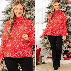 fb-feed Chic Floral Print Tops For Party, Chic Long Sleeve Tops For Holiday Party, Elegant Floral Print Top For Festive Season, Red Holiday Tops For Fall, Fall Floral Print Red Top, Fall Holiday Party Long Sleeve Blouse, Fall Red Floral Print Tops, Red Tops For Holiday And Fall Season, Fall Holiday Party Long Sleeve Tops