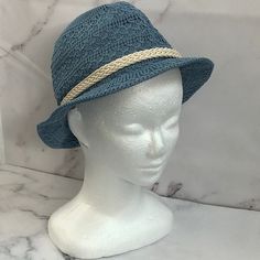 Inc Womens Blue Crochet Polyester Packable Adjustable Fedora Hat Lightweight Casual Crochet Hat With Short Brim, Casual Crochet Straw Hat, Casual Lightweight Crochet Fedora Hat, Casual Lightweight Brimmed Crochet Hat, Adjustable Lightweight Casual Crochet Hat, Lightweight Adjustable Crochet Hat For Casual Wear, Blue Lightweight Casual Hat, Casual Adjustable Lightweight Crochet Hat, Blue Lightweight Wide Brim Sun Hat