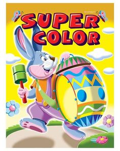 an easter bunny carrying a large colorful egg with the words, super color on it