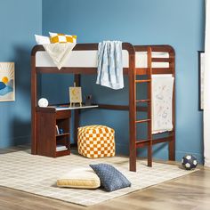 a child's bedroom with a bunk bed, desk and bookshelf in it