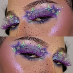 💜✨⭐️ cosmic energy ⭐️✨💜 I decided to revamp a look from last year and it kinda turned into a look of its own. Purple is my favorite color and since I’ve been in a rut I can tell I’ve been using it more when I look through my recent looks. I’ll try to space them out so my feed won’t just be purple. My little princess will be here in a little bit so I’m trying to think of fun stuff for us to do. Hopefully it won’t be super hot out so we can go play outside. do you have any Halloween looks ... Purple Rave Makeup, Star Makeup Ideas, Makeup Ideas Colorful Creative, Kemonomimi Makeup, Multichrome Eyeshadow Looks, Purple Makeup Aesthetic, New Years Eye Makeup, Space Makeup Looks, Purple And Green Makeup