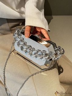 BirdinBag - Compact Metallic Chain Handbag Silver Rectangular Evening Bag With Chain Strap, Square Evening Bag With Chain Detail, Square Evening Bag With Chain, Rectangular Chain Shoulder Bag For Parties, Evening Square Bag With Chain Detail, Handheld Silver Evening Bag With Chain Strap, Silver Handheld Evening Bag With Chain Strap, Shopping Clutch Bag With Chain Strap, Trendy Clutch Evening Bag With Chain