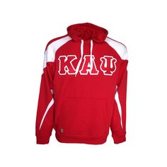 "Letter hooded sweatshirt. Sweatshirt color is red and white. 2 color 4\" twill letters are across the front chest. The letters are a faux stitch meaning they have a sewn on look but no sewing is performed on the lettering. The letters are heat sealed on and will not come off." Alpha Gamma Rho, Black Fraternities, Beta Theta Pi, Kappa Alpha Psi, Alpha Delta Pi, Alpha Delta, Kappa Delta, Greek Clothing, Embroidered Hoodie