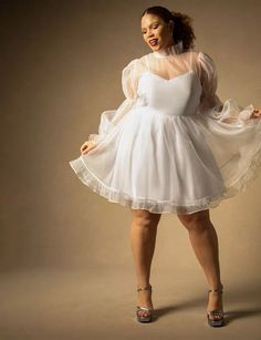 Bridal by ELOQUII Organza Ruffle Mini Dress | Women's Plus Size Dresses | ELOQUII Cheap Puff Sleeve Dresses For Dress-up Occasions, Dramatic Sleeves Dress, Best Graduation Dresses, Plus Size Gown, Casual Wedding Dresses, Tiered Sleeve, Shirred Skirt, Plus Size Mini Dresses, Bridal Styles